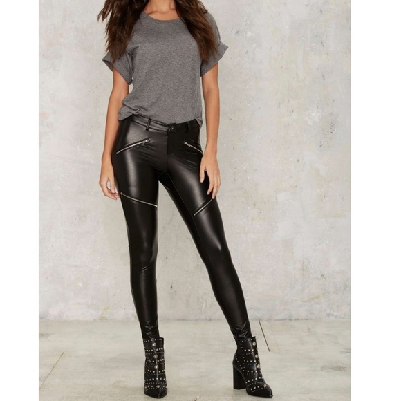 Nasty Gal Leather Moto Pants with Zips - Picture 2 of 7